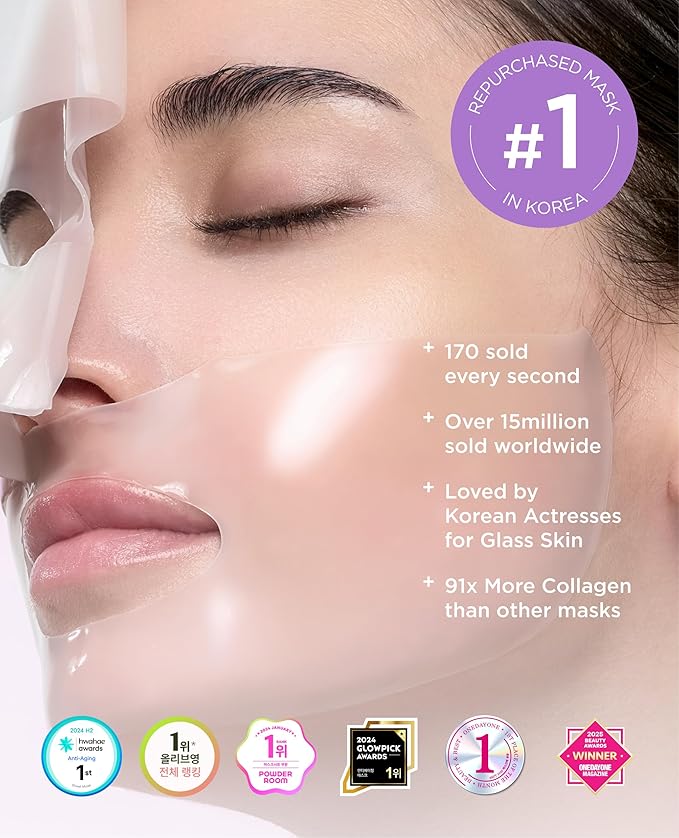 AROCELL Super Collagen Mask 4 Facial Sheet 5,000,000ppb Overnight Dual Matrix Hydrogel Masks with Low Molecular Weight Collagen for Elasticity Hydrating Anti-Aging Cooling Korean Skincare, 43g x 4ea