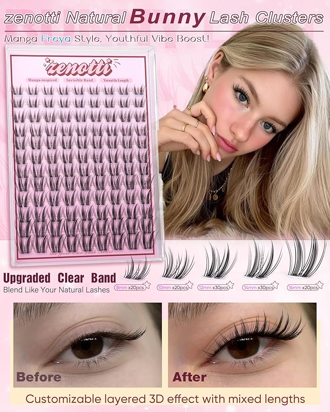 Natural Lash Clusters Manga Eyelash Clusters Wispy Cluster Eyelash Extension Bunny Anime Fairy Individual Lashes Invisible Band Cluster Lashes Freya DIY Lash Extensions C-Curly 8-16mm by zenotti