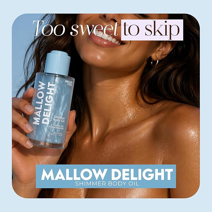 Hello You Jojoba Oil & Niacinamide Shimmer Body Oil – Dermatologist Tested, Anti-Aging, Korean Skin Care – Hydrating Glow, Lightweight Radiant Finish – Clean Beauty – Marshmallow Scent, 3.38 Fl Oz