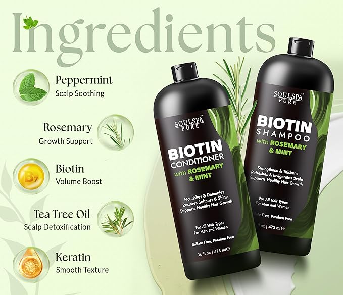 SOULSPA PURE Biotin Rosemary Shampoo and Conditioner Set - Sulfate Free Scalp Care & Hair Strengthening for Thinning, Color-Treated Hair - Rosemary Oil for Men & Women - Made in USA - 16 fl oz Each