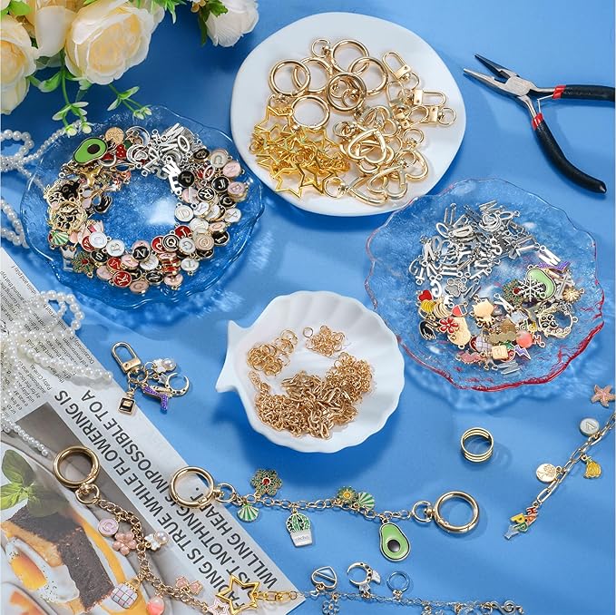 DRHWEFSQ 325Pcs Lip Gloss Keychain Making Kit, DIY Jewelry Supplies with 118 Charms, 25 Extender Chains, 30 Clips, 150 Jump Rings & Plier for Custom Keychains, Bags, Handmade Gifts