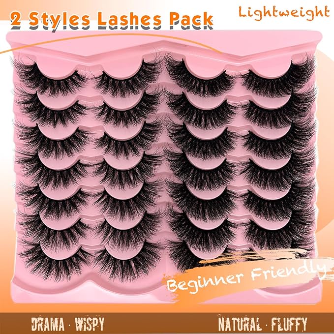 loladook Mink Lashes Pack 3D Cat Eye Strip Lashes Wispy D Curl Faux Mink Eyelashes Natural 18mm Long Dramatic Fluffy Eyelashes Pack 2 Styles