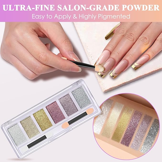 Gold Silver Chrome Nail Powder, DRMODE 6 Colors Metallic Mirror Effect Pink Light Purple Champagne Chrome Powder for Nails, Unicorn Iridescent Holographic Pigment Dust for Nail Art