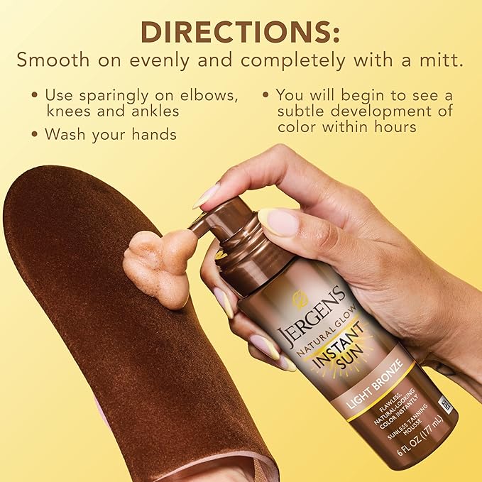 Jergens Natural Glow Instant Sun Body Mousse, Self Tanner for Light Bronze Tan, Sunless Tanning Body Bronzer for Natural Looking Color Instantly, 6 Oz