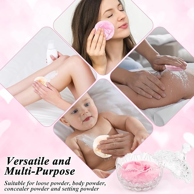 5 Pcs Large Body Powder Puff and Container Set, Anglecai 4 Inch Crystal Powder Puff Container for Body Powder Puff Dish with 2P Powder Puffs and 2P Spoon