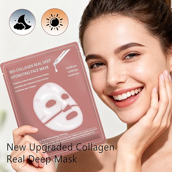 5PCS Bio-Collagen Face Mask, Bio-collagen Real Deep Mask, Collagen Mask Overnight, Hydrating Hydrogel Masks, Anti Aging, Firming, Elasticity Improvement, for All Skin Types, 1.19 Fl Oz
