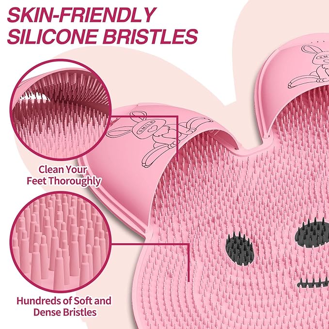 Manmihealth Extra-Large Shower Foot Scrubber Mat with Non-Slip Suction Cups, Rabbit-Shaped Silicone Foot Scrubber in Shower for Men & Women (Pink)