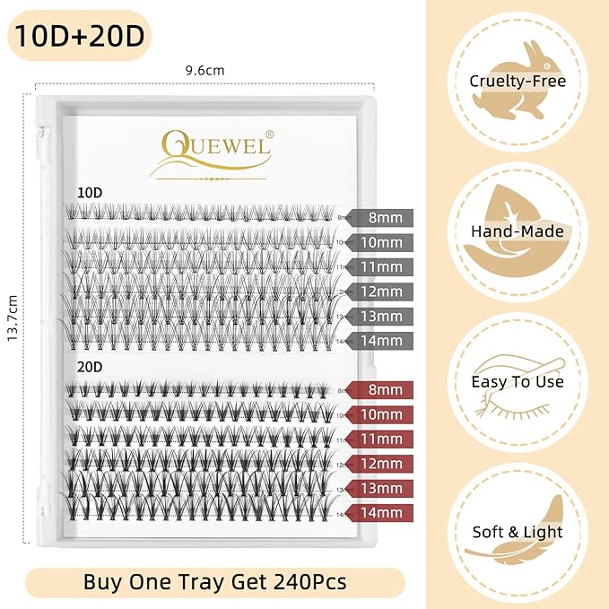 QUEWEL Cluster Lashes 240Pcs Individual Lash 10D+20D C Curl Mix8-14mm Lash Extensions Clusters Lashes Soft&Natural False Eyelashes Individual DIY Eyelash Extension at Home(10D+20D C MIX8-14)