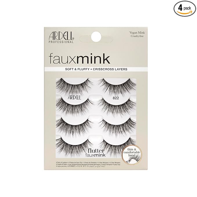 Ardell Faux Mink Lashes Flutter 822 – Soft & Fluffy False Eyelashes, Vegan Mink, Crisscross Layered Strip Lashes with Thin Band, 4 Pairs