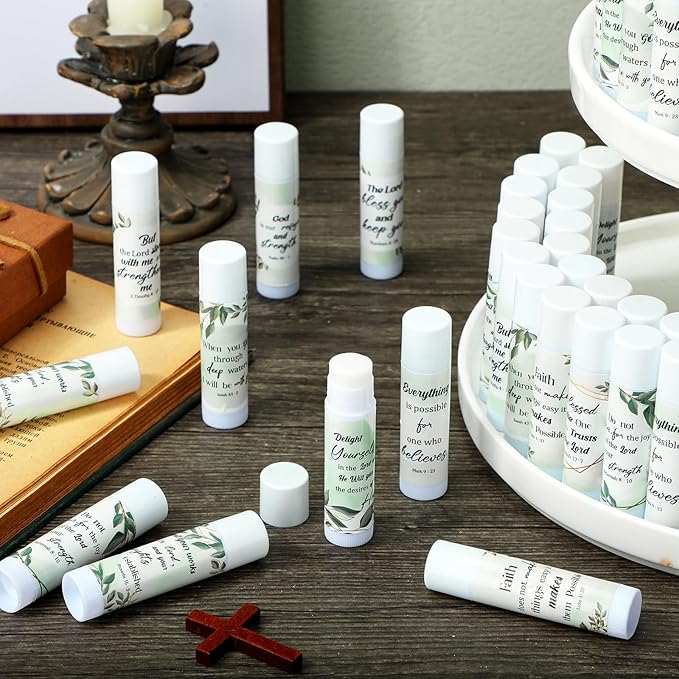 50 Pcs Christian Lip Balm Bulk Bible Verses Lip Balm Scripture Christian Gifts for Women Faith Religious Church Party Favor Inspirational Gift for Mother Teacher Nurse Employee Coworker (Eucalyptus)