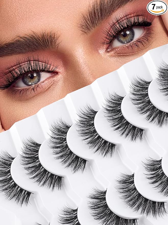 Wispy Lashes False Eyelashes Natural 16mm Fluffy Eyelashes Strip Lashes Pack 3D Volume Lashes 0.1MM Extra Thin Cotton Band Fake Eyelashes Soft Full Lashes C Curl Lashes Pack Siligli 7 Pair