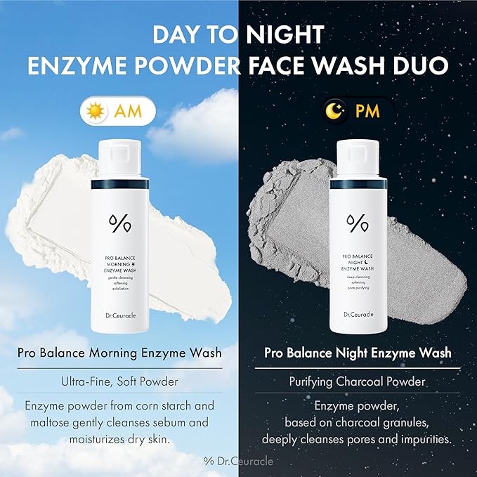 Dr.Ceuracle Pro Balance Enzyme Powder Face Wash - Korean Day and Night Natural Enzyme Powder Face Wash for Deep Pore Cleansing, Sebum Removing, pH Skin Balancing Care (Wash Duo)