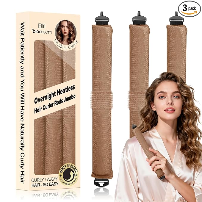 Overnight Heatless Hair Curler, Upgraded with Hair Pad Grippers Satin Jumbo Flexi Blowout Curls Rods, 3pcs No-Heat Styling Tools Curling Rod to Sleep in for All Hair Types - Khaki