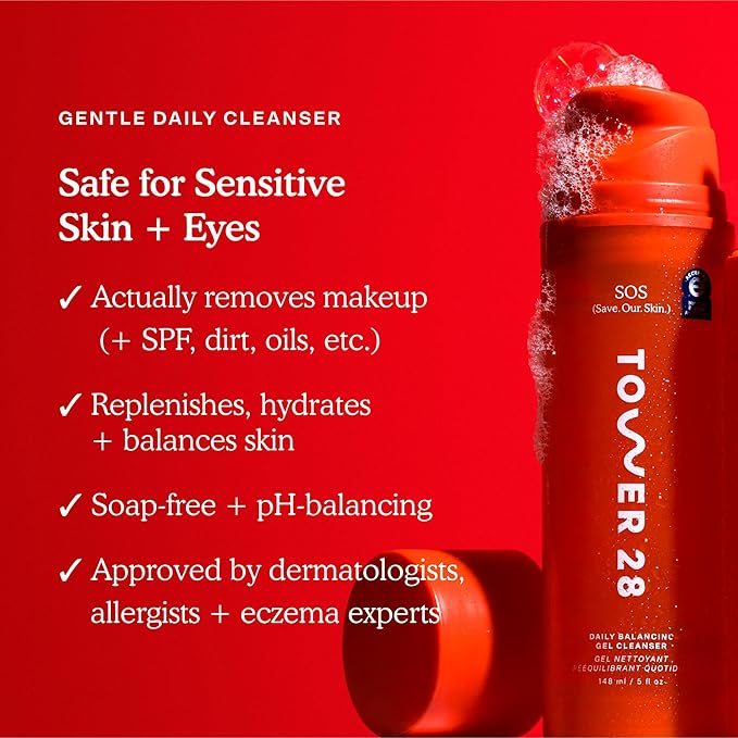 Tower 28 SOS Gel Facial Cleanser - Hydrating Face Wash + Makeup Remover for Sensitive Skin - Soothing + Gentle Face Cleanser with Aloe Vera, Oat Extract + Minerals - Fragrance-Free Skin Care (5 oz)