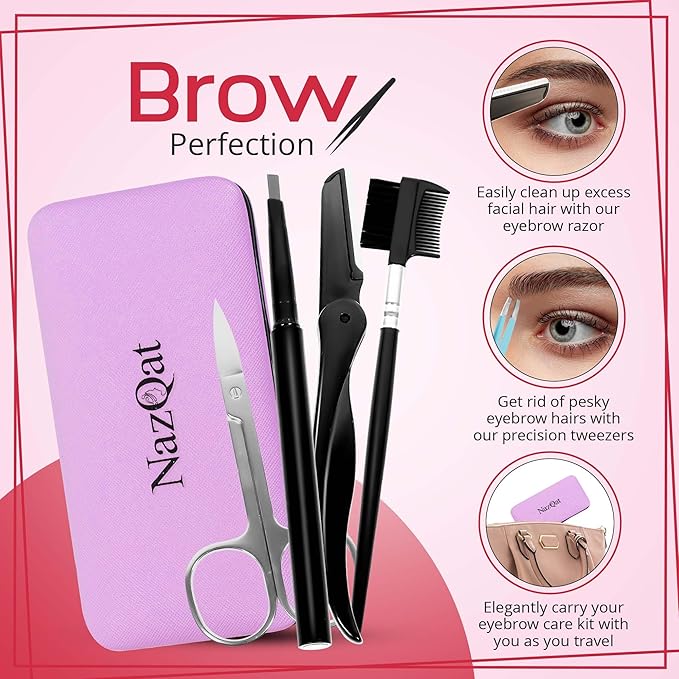 Exquisite 8-in-1 Eyebrow Kit for Women & Men – Luxury Eyebrow Grooming Kit with 4 Precision Tweezers For Eyebrows, Eyebrow Razor, Eyebrow Scissors, Eyebrow Brush/Comb & Pencil with Padded Case