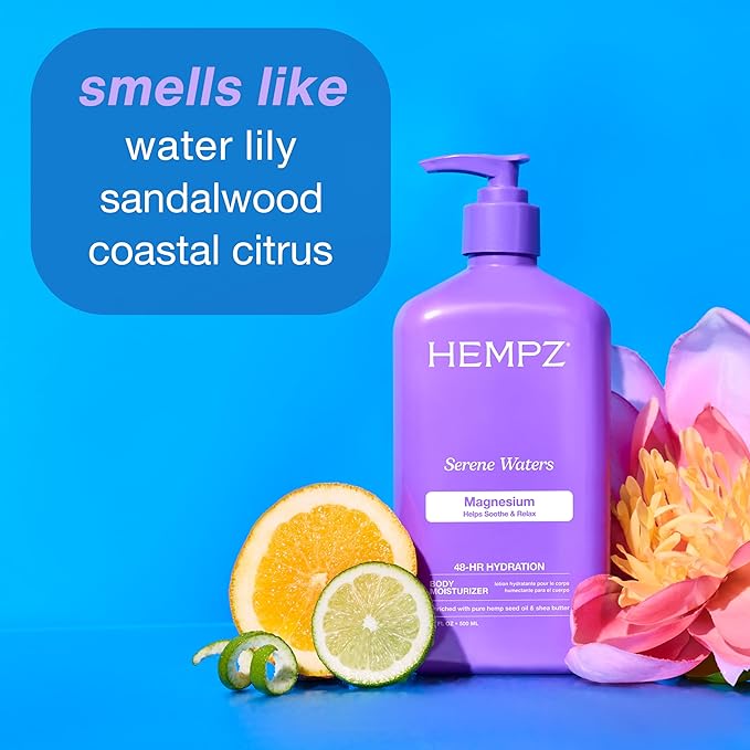 Hempz Magnesium Body Lotion for Sleep & Relaxation, Hydrating Lotion with Arnica, Electrolytes & Shea Butter, Calming Nighttime Moisturizer for Muscle Relief & Soft Skin, Serene Waters Scent, 17 oz