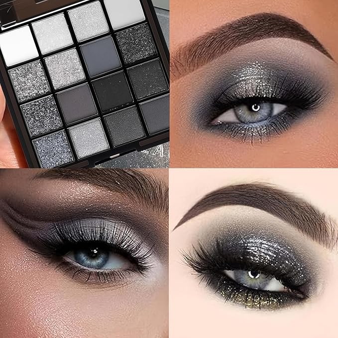 16 Color Smokey Eyeshadow Palette - Highly Pigmented Matte & Glitter Shades, Long-Lasting, Waterproof & Blendable, Black Silver Gray Eyeshadow Set for Sultry Glam (16 Color Reversal Star Smokey)