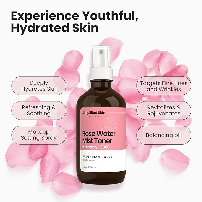 Rose Water Spray for Face with Matrixyl 3000, Glycerin & Aloe Vera - Rosewater Face Mist & Toner - Hydrates, Reduces Fine Lines & Boosts Collagen Production - 4 Fl Oz