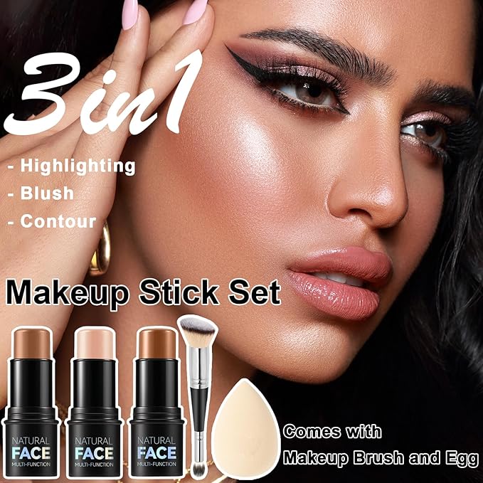 3Pcs Cream Contour Stick Makeup Kit, Shades with Highlighter, Blush and Bronzer Contour Stick for Sculpt the Cheeks, Long Lasting, Waterproof, Matte & Dewy Finish (H)
