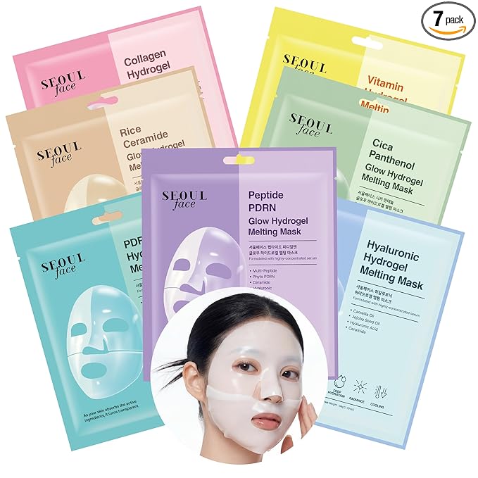 DERMAL Hydrogel Melting Mask Variety Pack 7 Sheets - Korean Overnight Face Mask Set with Collagen, Hyaluronic, PDRN, Vitamin, Rice Ceramide, Peptide, Cica - Glass Skin Jelly Gel K-Beauty Ritual