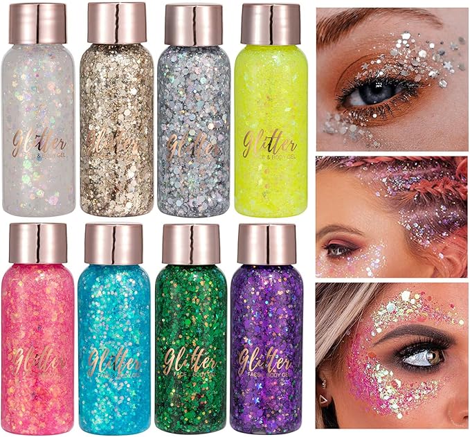 Body Glitter Gel, Mardi Gras Chunky Face Glitter Mermaid Sequins, Sparkly Hair Glitter,Singer Concert Festival Rave Accessories, Halloween Body Painting (#107 Rose Gold)
