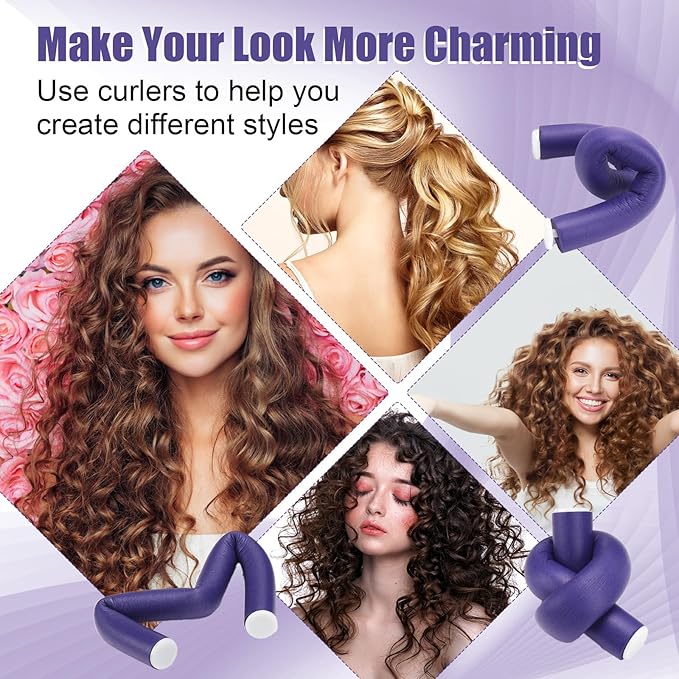 30 Pcs Heatless Hair Curlers 7 x 0.55 Inch Flexible Curling Rods Soft Foam Rollers No Heat Bendable Hair Rods Roller for Women Short Medium Long Hair, Purple