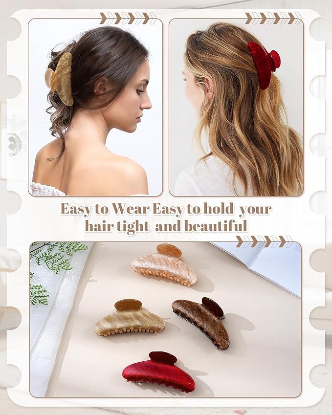 Mesovor 4 Pack Acrylic Hair Clips Claws, Nonslip 4.1" Large Hair Grip Hairclips for Thin and Thick | French Banana Barrettes Hair Strong Hold Hair Jaw Clamps (Coffee, Red, Light Brown, Champagne)