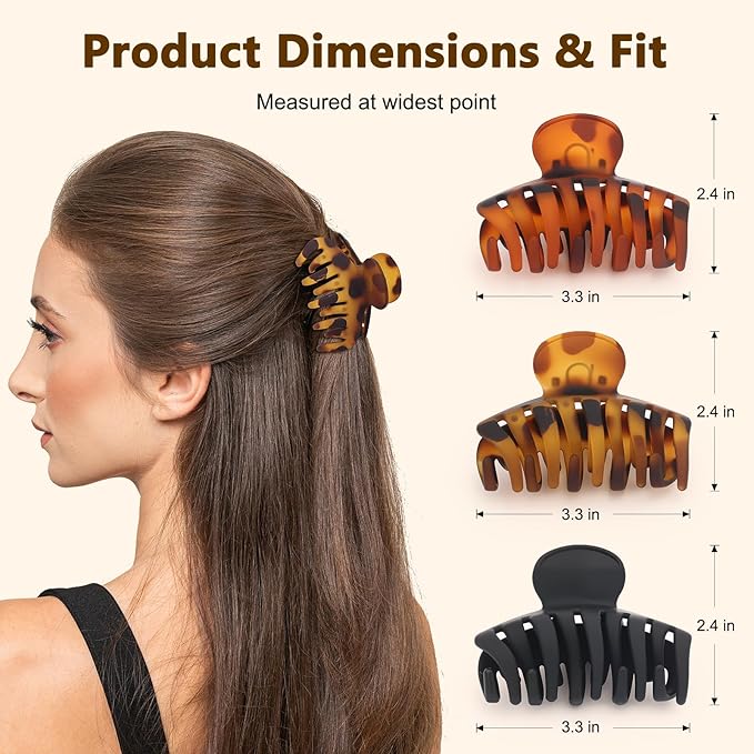 Medium 3.3 Inch Matte Claw Hair Clips for Women and Teens, Hair Claw Clip with Strong Hold for Everyday Styling, Elegant Hair Accessory for All Hair Types, Black and Tortoiseshell, 3 Pack