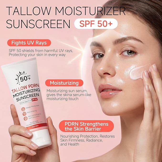 Beef Tallow Sunscreen with Non-Nano Zinc Oxide, Mineral Sunscreen SPF 50 for Face and Body, Salmon PDRN Sunblock Moisturizing Sun Screen for Sensitive Skin & Kids, 2.82 OZ (80g)