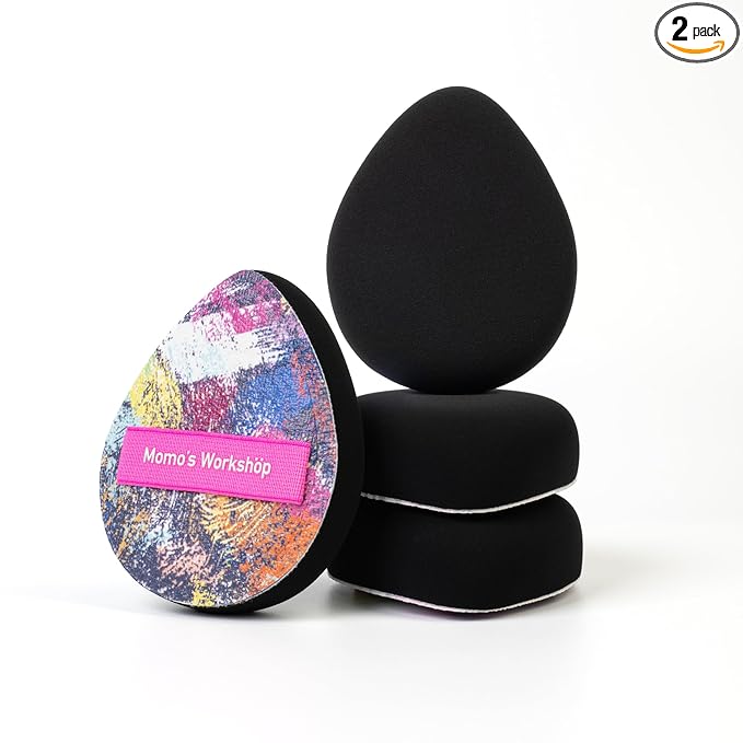 Momo's Workshop Graffiti Denim Egg Makeup Sponge 2-Pack,Ultra Firm Bounce Rubycell Sponge for Liquid-Full Coverage Foundation,for Dry/Combination Skin,Travel Friendly,2pcs &Storage Case
