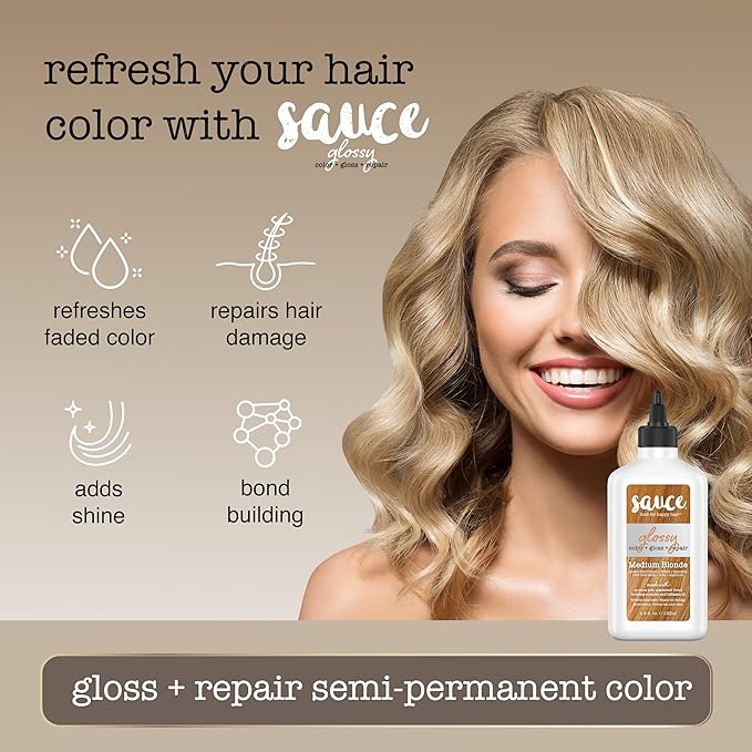 Sauce Beauty Glossy Color + Gloss + Repair, Medium Blonde, Semi Permanent Hair Dye with Bond-Building and Color-Fade Protection Technology, Adds Shine & Deep Moisture, Lasts 4-8 Weeks, Stops Fade