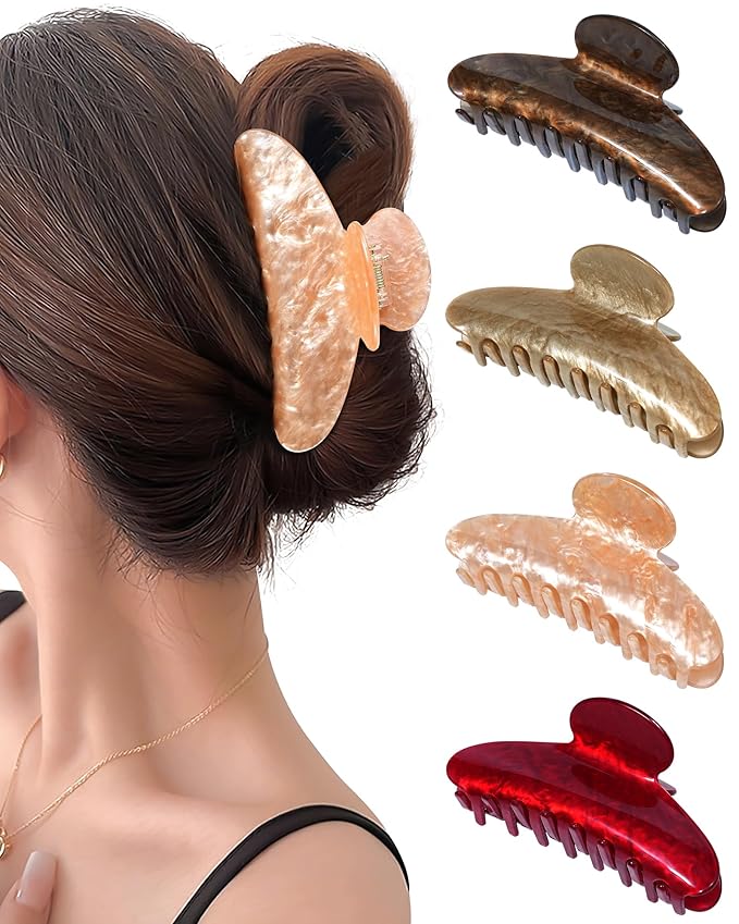 Mesovor 4 Pack Acrylic Hair Clips Claws, Nonslip 4.1" Large Hair Grip Hairclips for Thin and Thick | French Banana Barrettes Hair Strong Hold Hair Jaw Clamps (Coffee, Red, Light Brown, Champagne)