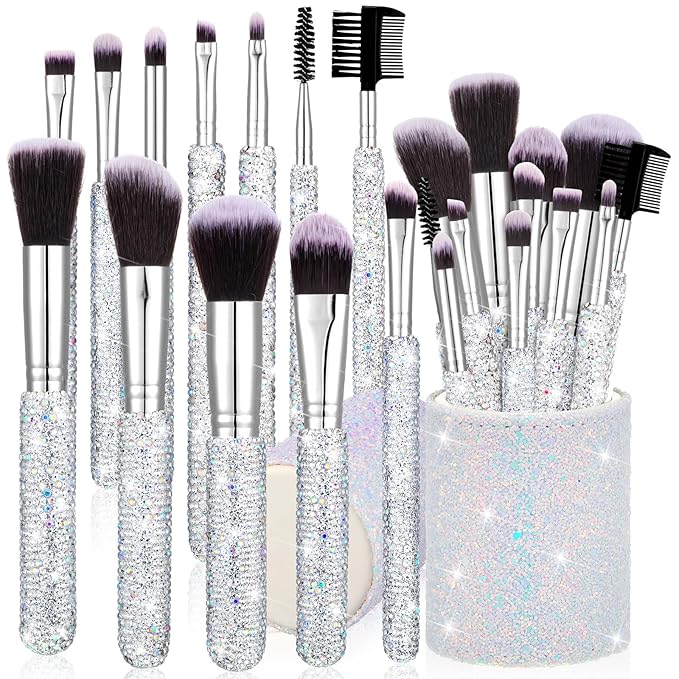 Nuogo 13 Pcs Rhinestone Makeup Brushes Set 12 Bling Crystal Professional Face Cosmetics Blending Liquid Foundation Powder Concealer Eye Shadows Make up Beauty Tool Glitter with 1 Holder