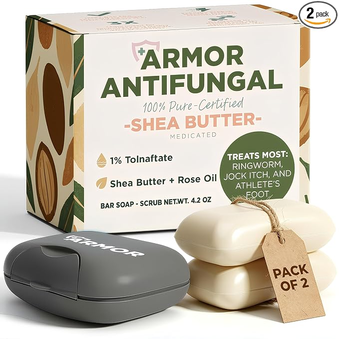 Antifungal Soap Infused with Shea Butter & Rose Oil | Medicated Jock Itch Treatment Helps Fight Ringworm & Athlete’s Foot | Tolnaftate 1% Antifungal Soap for Deep Cleansing | Pack of 2 Bars with Case