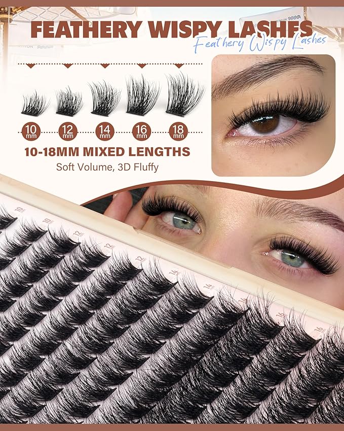 Wispy Fluffy Lash Clusters, Plush Volume 3D Eyelash Clusters Fairy Cluster Eyelash Extensions Soft D Curl Cluster Lashes 10-18mm 144pcs Individual lashes for Daily Makeup DIY at Home by Vanssymunlin