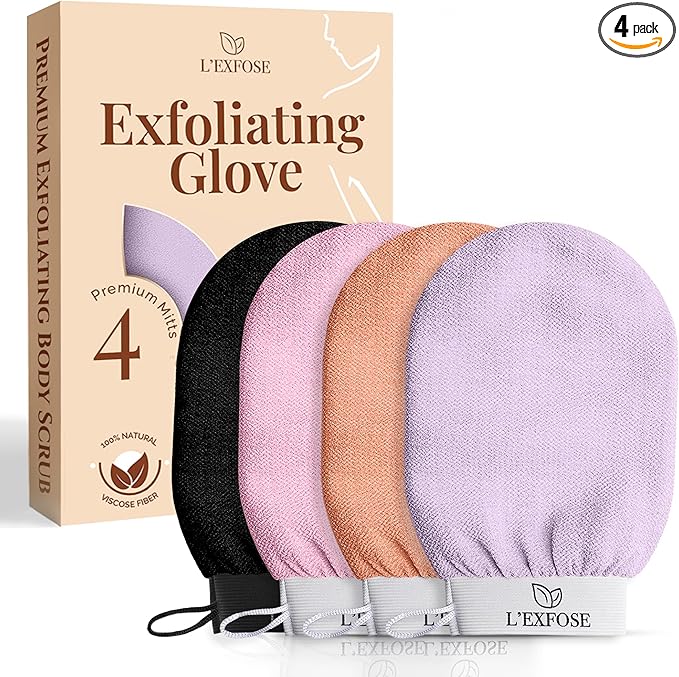 L'Exfose Kessa Hammam Deep Exfoliating Glove 4pc - Korean Exfoliating Mitt for Shower Ideal for Dead Skin Remover, Keratosis Pilaris & Self-Tanning to Improve Skin Tone Made with 100% Natural Viscose