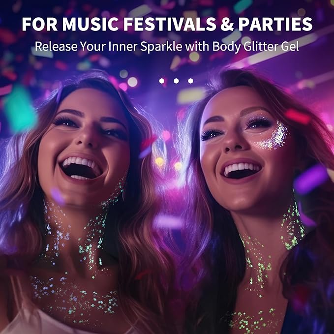 Glow in The Dark Body Face Glitter Gel for Women, 6 Colors Glitter Gel Makeup Chunky Fine Glitter, UV Black Light Accessories for Body/Face/Hair/Eyeshadow, Carnival Party(Not Loose Glitter)