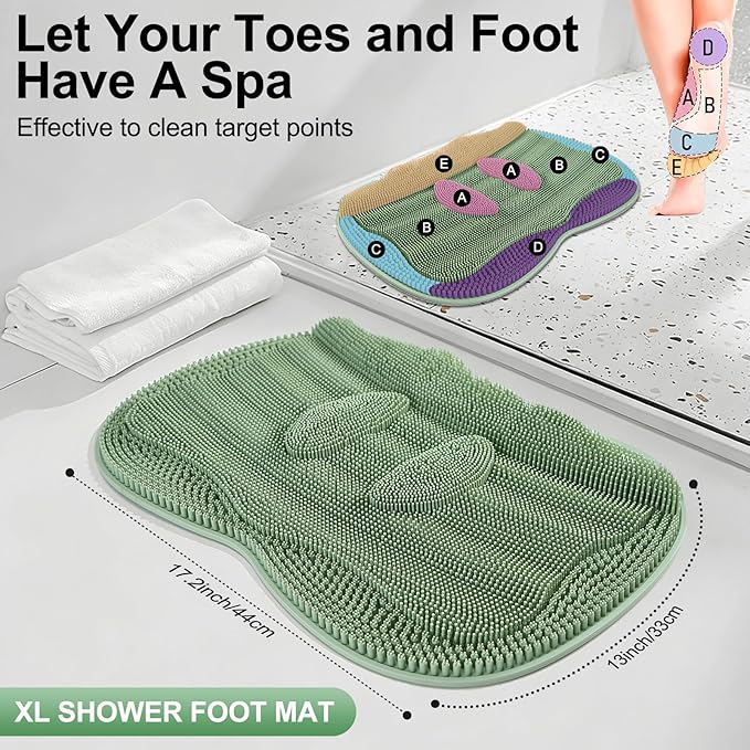 Bath Shower Foot Scrubber Mat - Silicone Shower Foot Scrubber Mat (XL) Cleaner Foot Toes Clean Pad Without Bending Non-Slip Suction Cups Bathroom mat 17.2 * 13 inch - Green