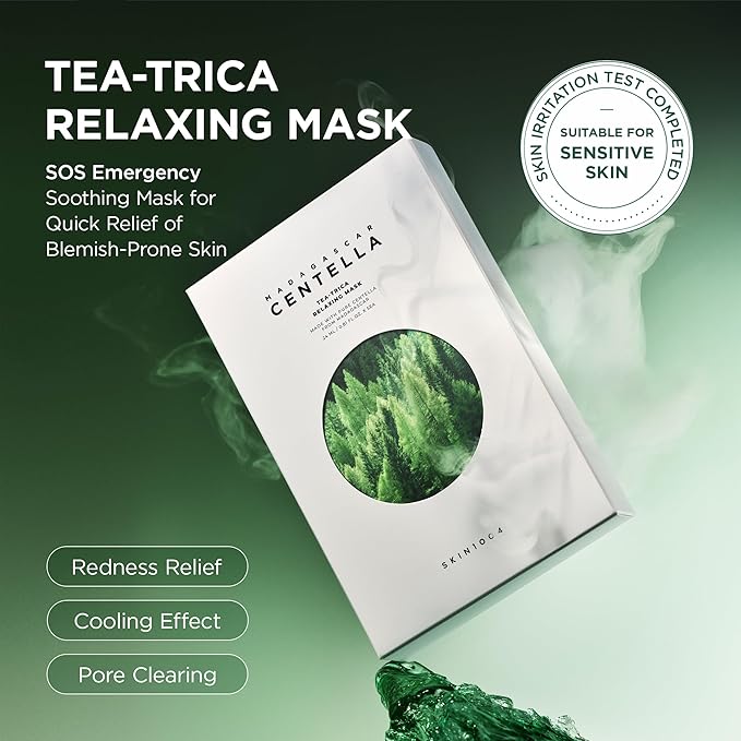 SKIN1004 Madagascar Centella Tea-Trica Relaxing Mask, Face Mask Skincare for Oily & Blemish Prone Skin, Soothing & Calming Relief Care for Sebum & Impurities, Korean Skin Care, 0.81 fl oz / 24ml * 5ea