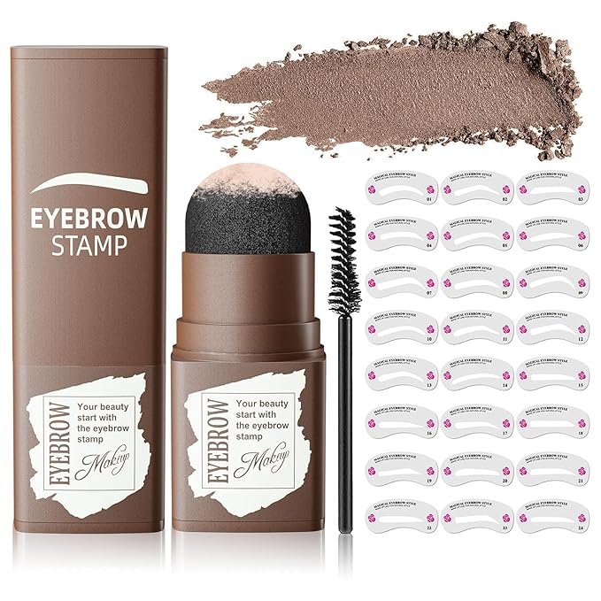 Eyebrow Stamp & Eyebrow Stencil Kit, Eye Brow Stencil Kits with Eyebrow Brush, Long-Lasting Waterproof & Smudge-Proof Eyebrow Shaping Kit with 24PCS Thin & Thick Eyebrow Stencils (Medium Brown)