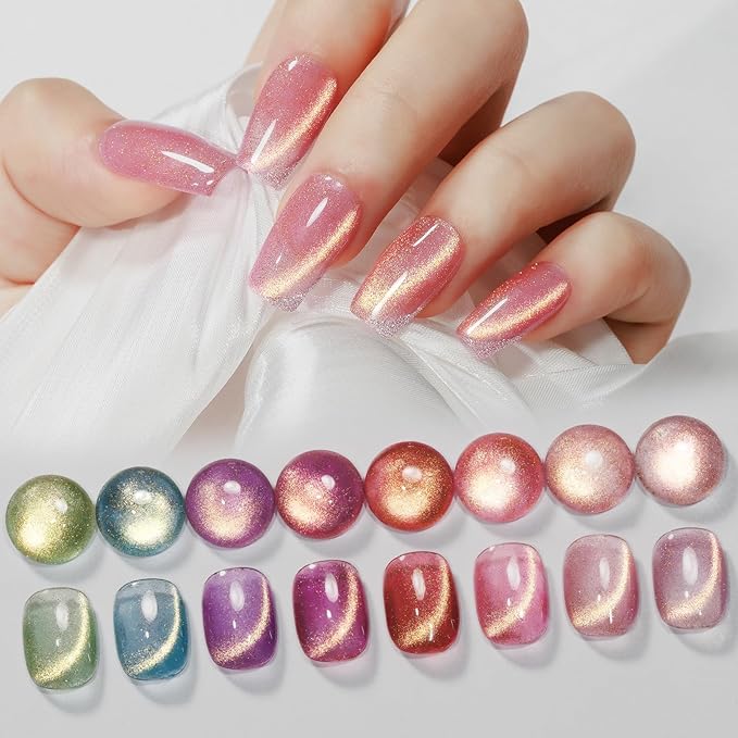 MIZHSE Cat Eye Gel Nail Polish, Magnetic Gel Polish Set with Magnet, Shimmery Cateye Effect Neon Pink Green Purple Colors Soak Off Nail Art Manicure Home Gift for Ladies