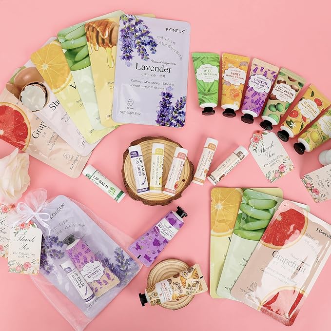 KONEUK 30 Pack Bulk Facial Mask, Bulk Hand Cream and Bulk Lip Balm Sets, Mothers Day Gifts for Mom, Teacher Appreciation Gifts, Nurses Week Gifts and Bridal Shower Favors, Birthday Gifts