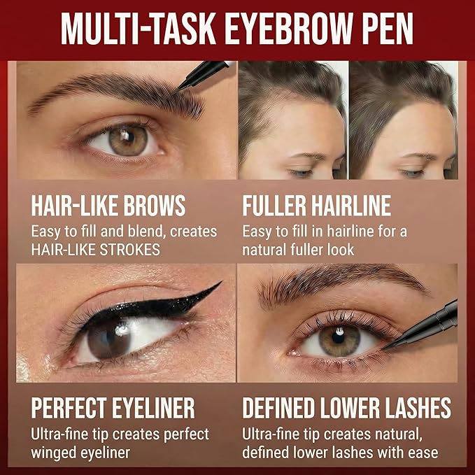 Eyebrow Pencil for Women, 2-in-1 Microblading Eyebrow Pen with 4D Square & Ultra-Fine Tips, Waterproof Long-Lasting Brow Pencil, Hair-Like Strokes for Natural Fuller Brows with Brow Brush, Black