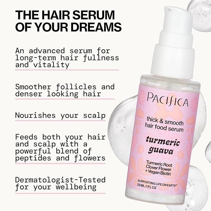 Pacifica Invisible Calming Hair Serum, Frizz Control & Hair Thickening Treatment - Turmeric & Guava Leave-In Scalp Serum with Peptides, Biotin & Caffeine 1 fl oz, Vegan & Cruelty-Free