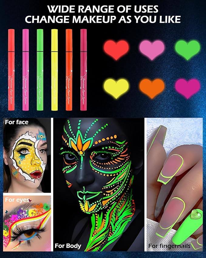 UV Glow Neon Liquid Eyeliner Set-6 Colors Matte Rainbow Eye Liner Pen, Colored Luminous Neon Eyeliner, Waterproof Smudge Proof, High Pigmented Colorful Eyeliner for Women Girl Rave Halloween Makeup