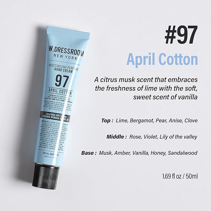 W.Dressroom Moisturizing Hand Cream for Dry Hands, Non-Greasy, Quick-Absorbing Korean Hand Lotion, Travel Size 1.69 fl oz (50 ml), No.97 April Cotton Scent
