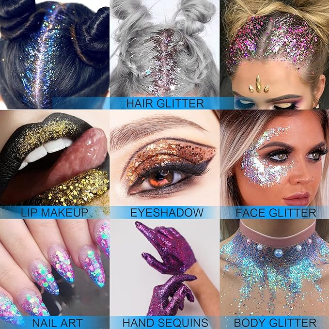 Face Body Glitter Gel Shimmer Makeup for Hair Clavicle Arm Nail Eyeshadow, Long Lasting Waterproof Holographic Mermaid Sequins for Outfit Rave Festival Party, 1.35oz, Luminous Green
