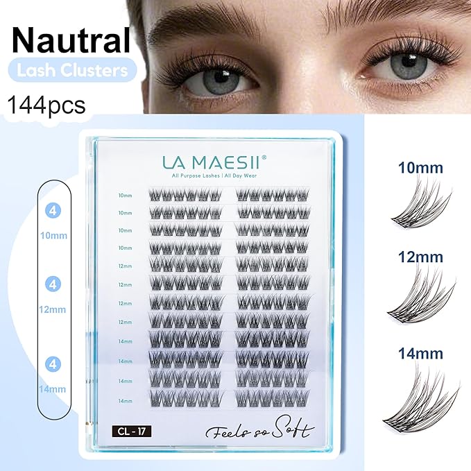 LA MAESII 144Pcs Lash Clusters, Wispy Natural Eyelash Clusters,10-14mm Individual Lashes Eyelash Extension,Large Tray(PL17)