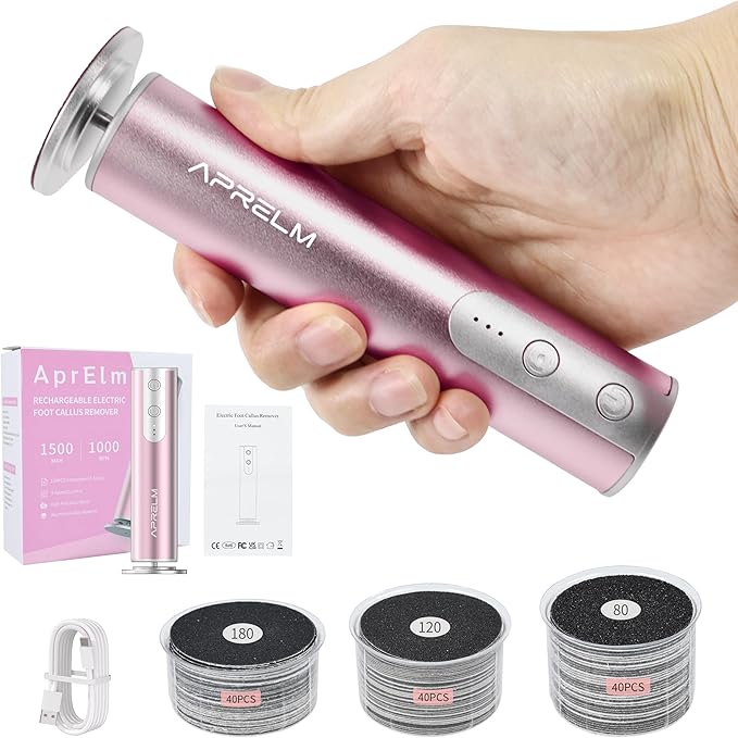 APRELM Rechargeable Electric Foot Callus Remover with 3-Sizes 120Pcs Sandpaper Discs, Professional 900RPM 3-Speed Control Aluminum Electric Foot File for Dead Skin (E3 Rose Pink)