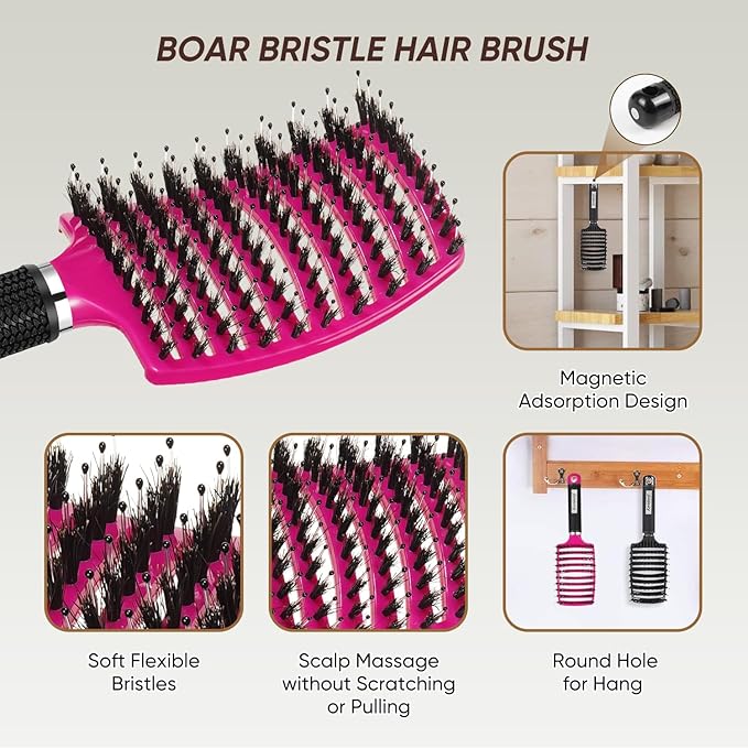 Boar Bristle Hair Brush 2PCS, Curved Vented Detangling Brush for Wet and Dry Hair, Styling Paddle Hairbrush for Women Men Kids Curly Straight Thick Long or Short Hair
